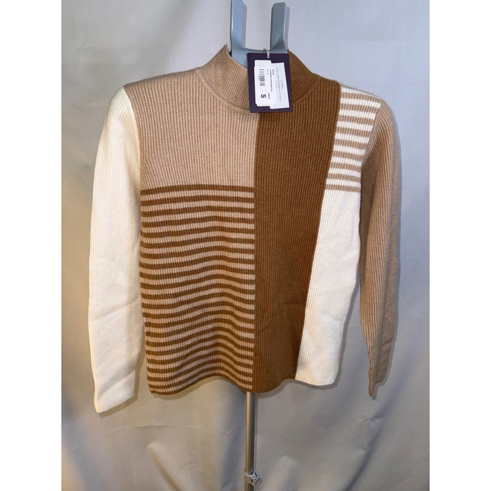 Windsor & White Brodie Cashmere Sweater Stripe Colourblock Mock Neck Chestnut S - Picture 2 of 7